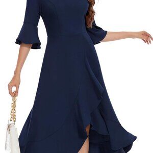 Women's Wedding Guest Dress Elegant Formal Cocktail Bell Sleeve Dress for Prom H